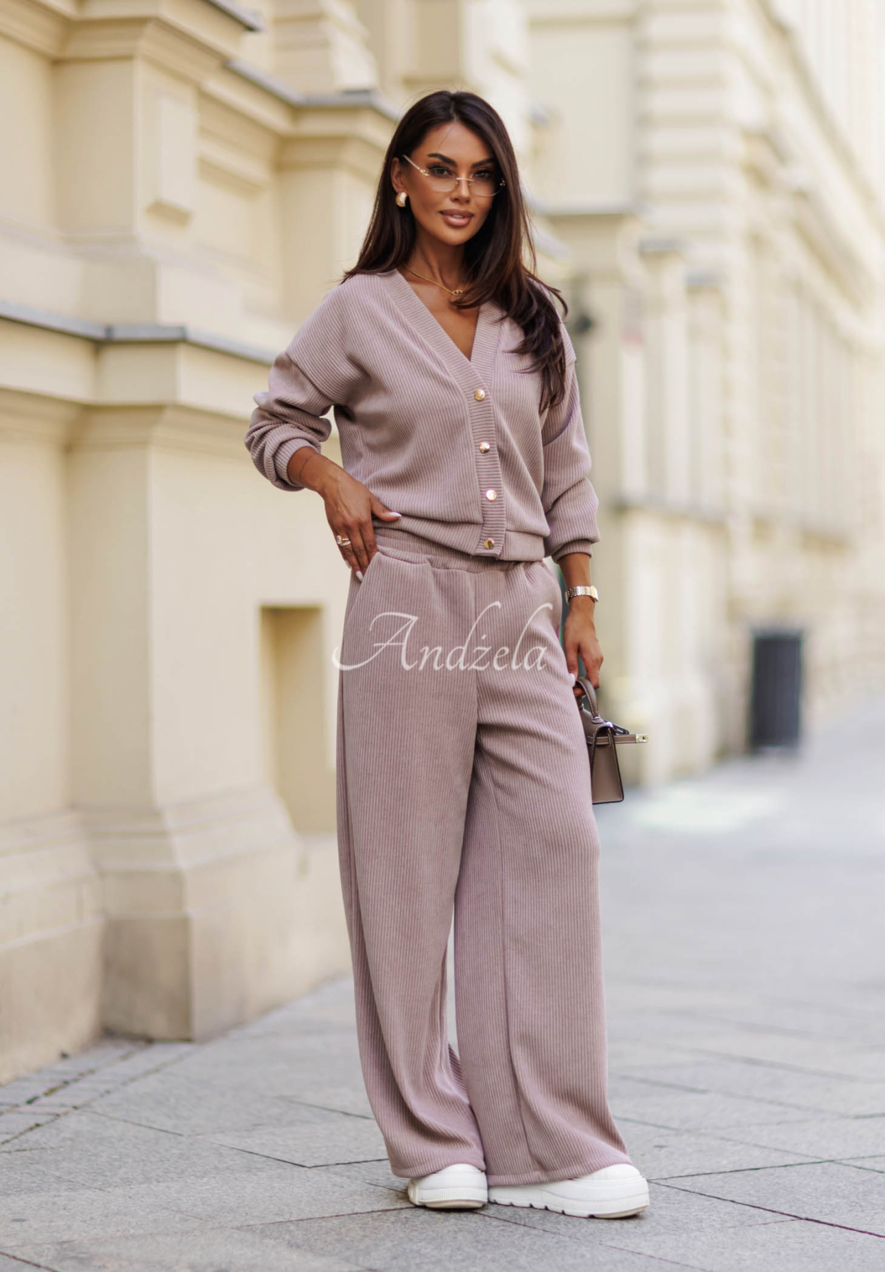 Manšestrová súprava mikina a nohavice wide leg z bavlny Simple Escape béžový