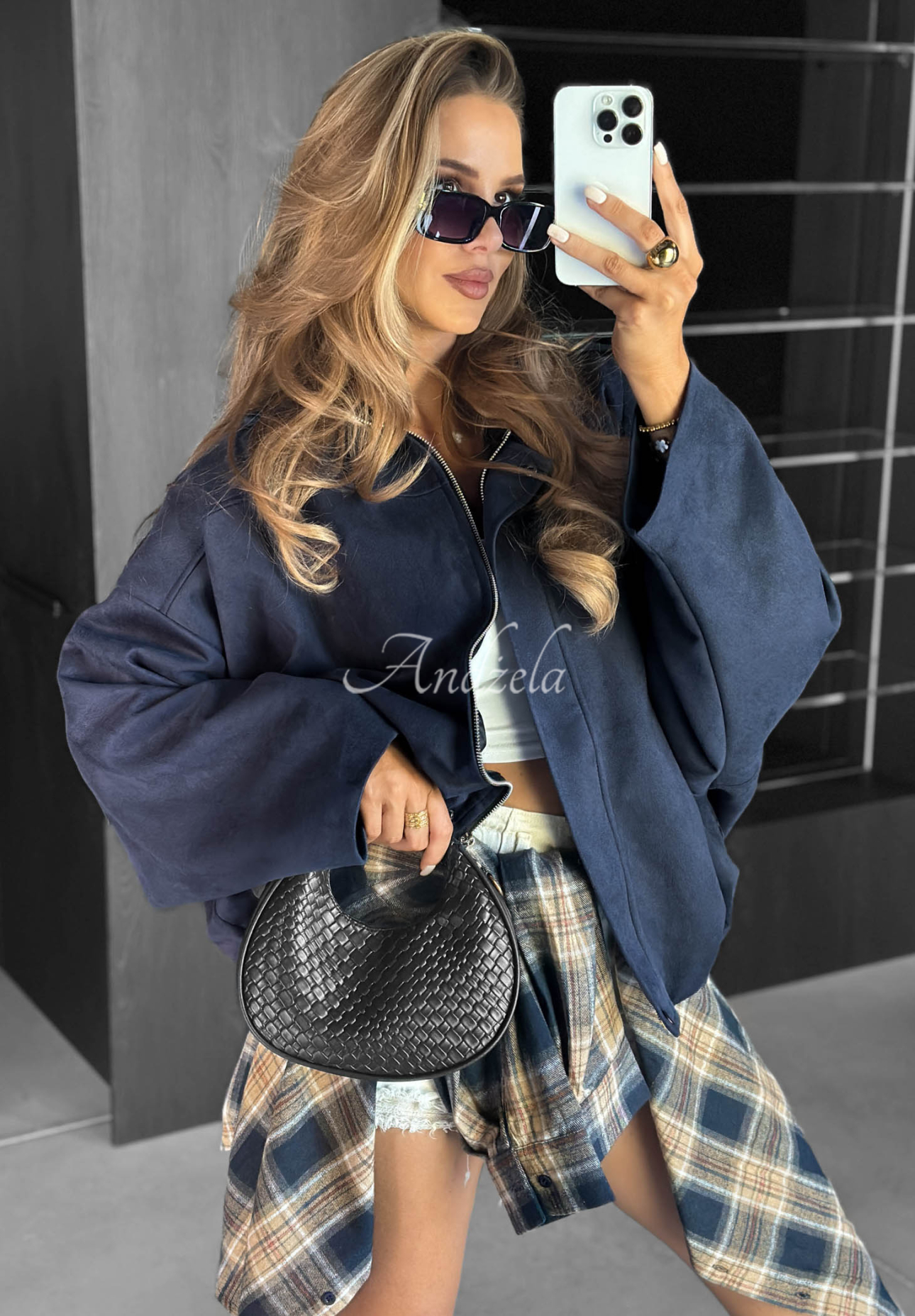 Semišová oversize bomber bunda Early Season tmavomodrá