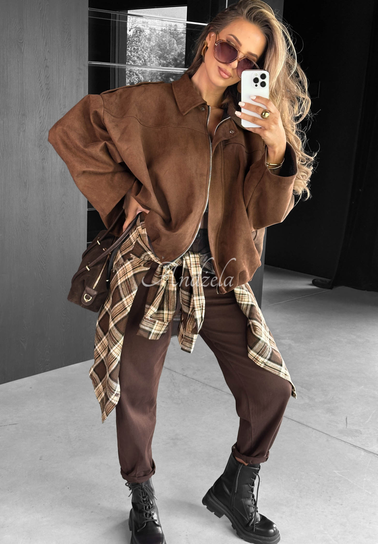 Semišová oversize bomber bunda Early Season čokoládová