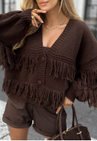 Krótki rozpinany kardigan z frędzlami Feels Cozy čokoládový
