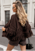 Krótki rozpinany kardigan z frędzlami Feels Cozy čokoládový