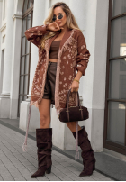 Dlhý kardigan oversize z frędzlami so vzormi Autumn Goddess čokoládový