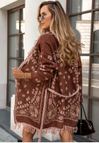 Dlhý kardigan oversize z frędzlami so vzormi Autumn Goddess čokoládový