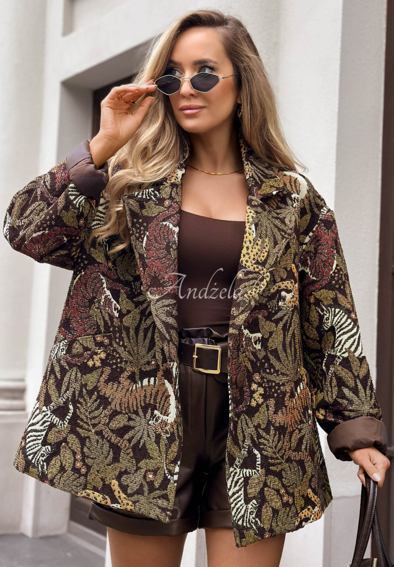 Žakárové sako oversize so vzormi Milan Muse khaki