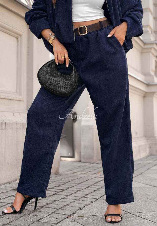 Nohavice wide leg s opaskom Grey Skies tmavomodr&eacute;