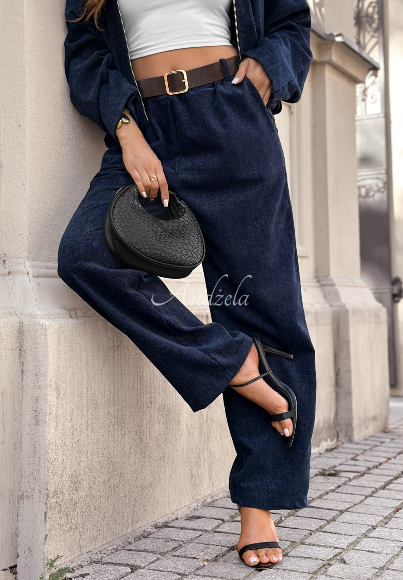 Nohavice wide leg s opaskom Grey Skies tmavomodré