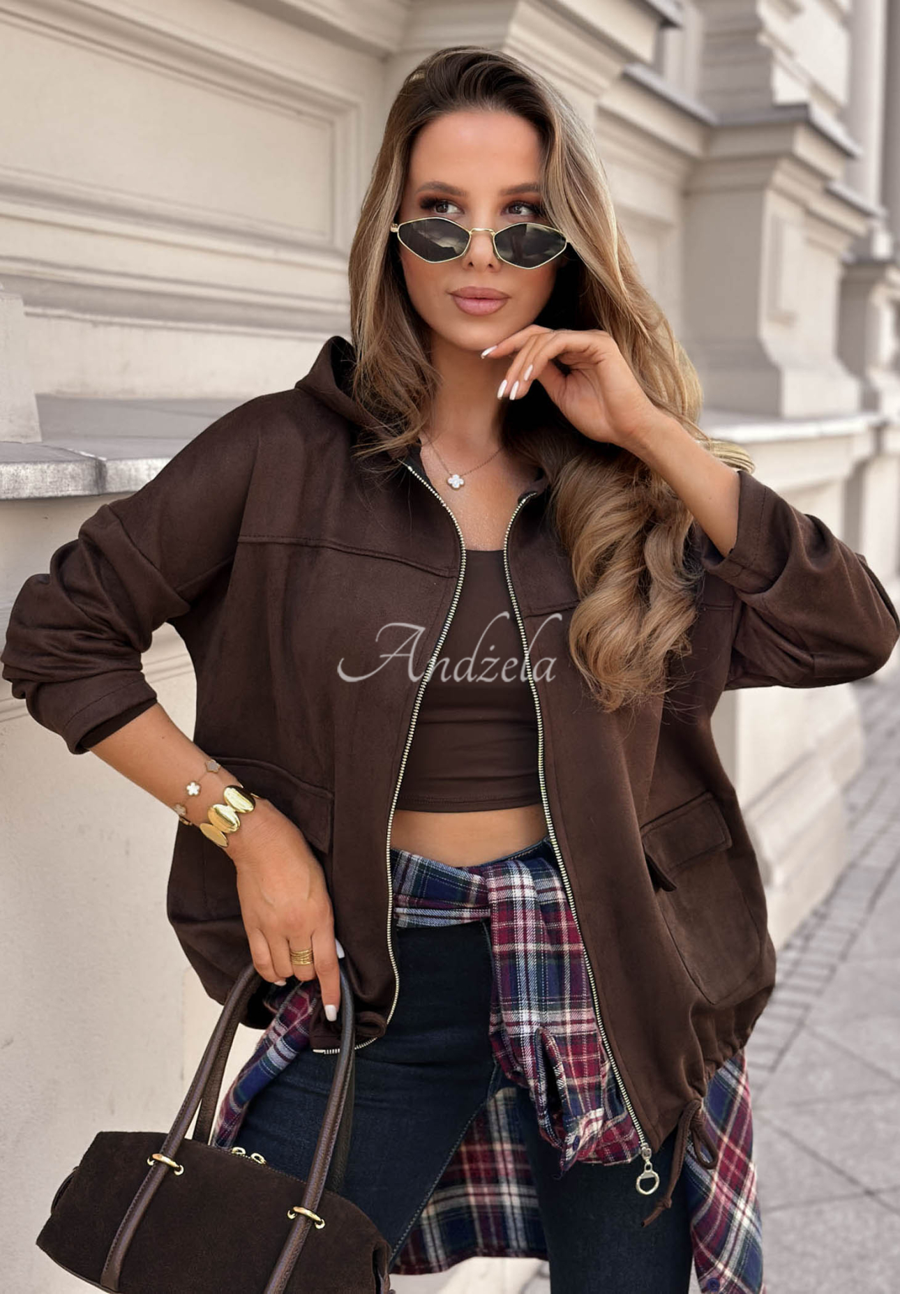 Semišová bunda s vreckami Honey Latte čokoládová