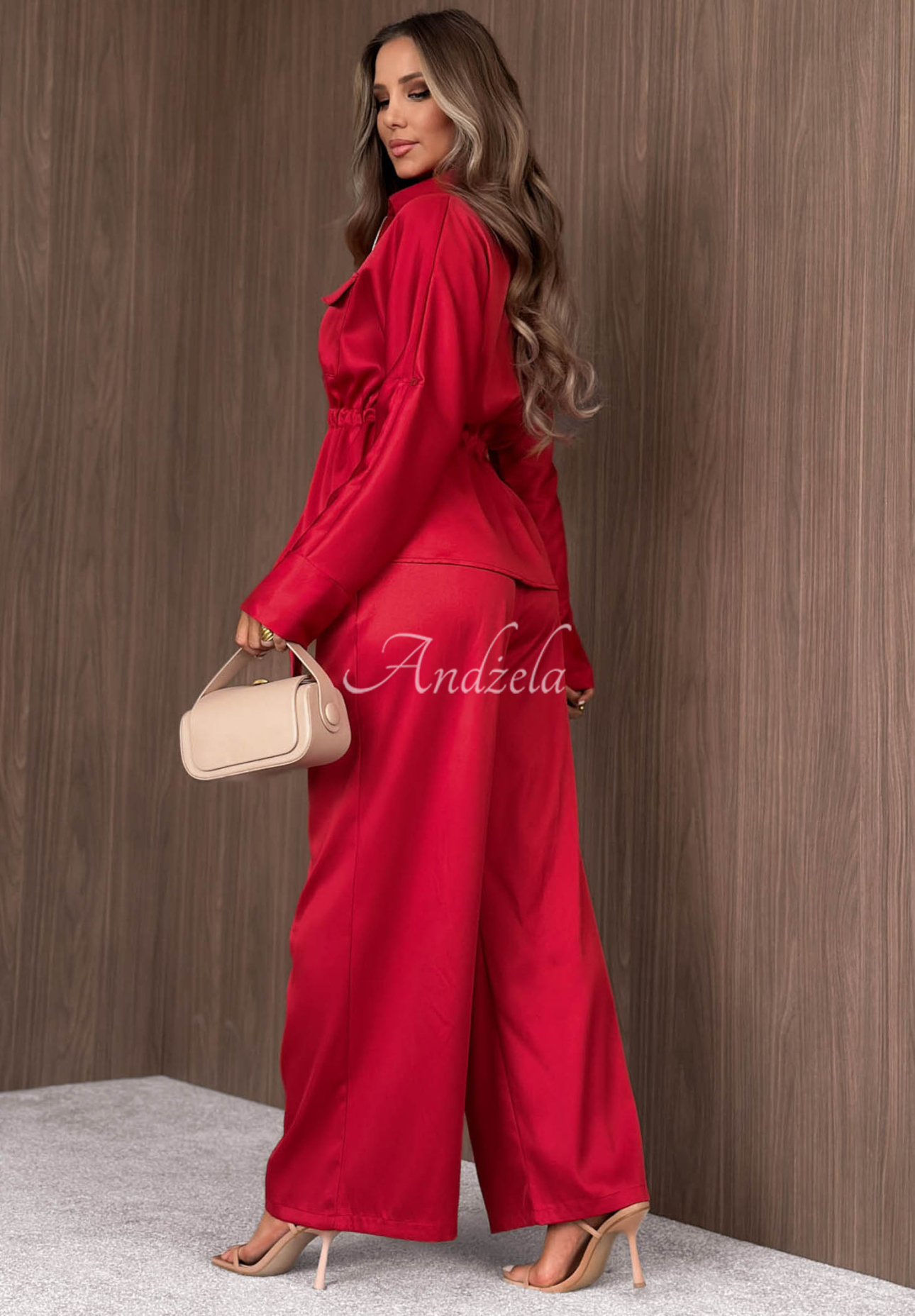 Súprava ľahká bunda so zapínaním a wide leg nohavice Autumn Pearl červený