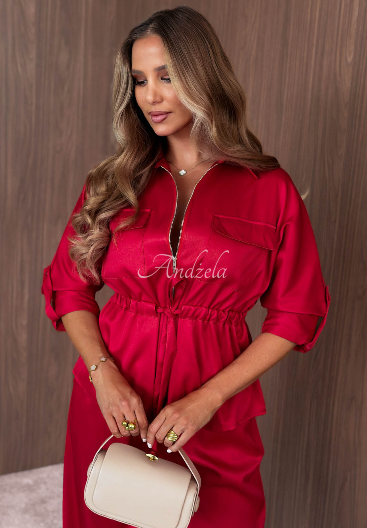 Súprava ľahká bunda so zapínaním a wide leg nohavice Autumn Pearl červený