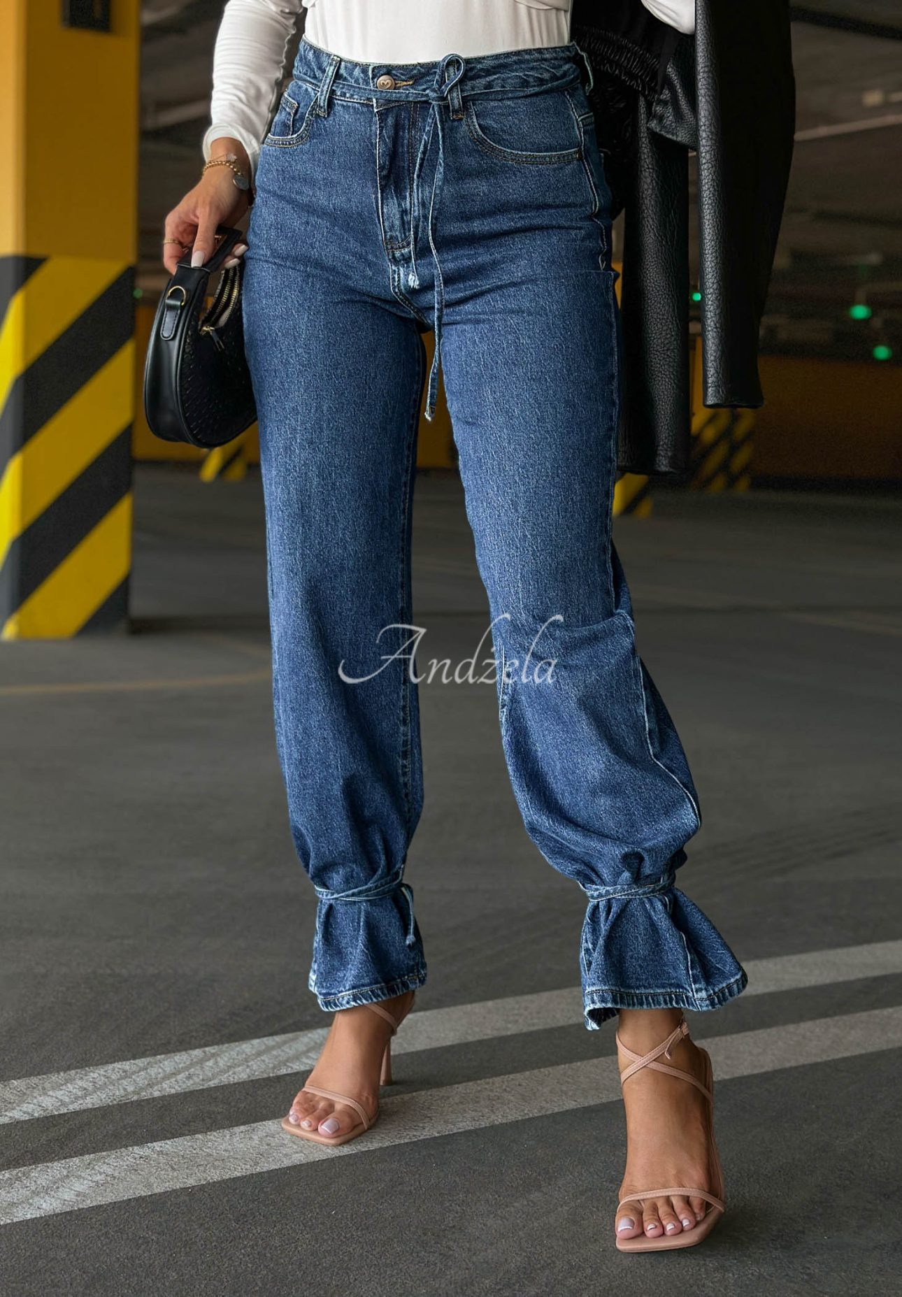 Džínsy wide leg s viazaním Hello Friday tmavomodré