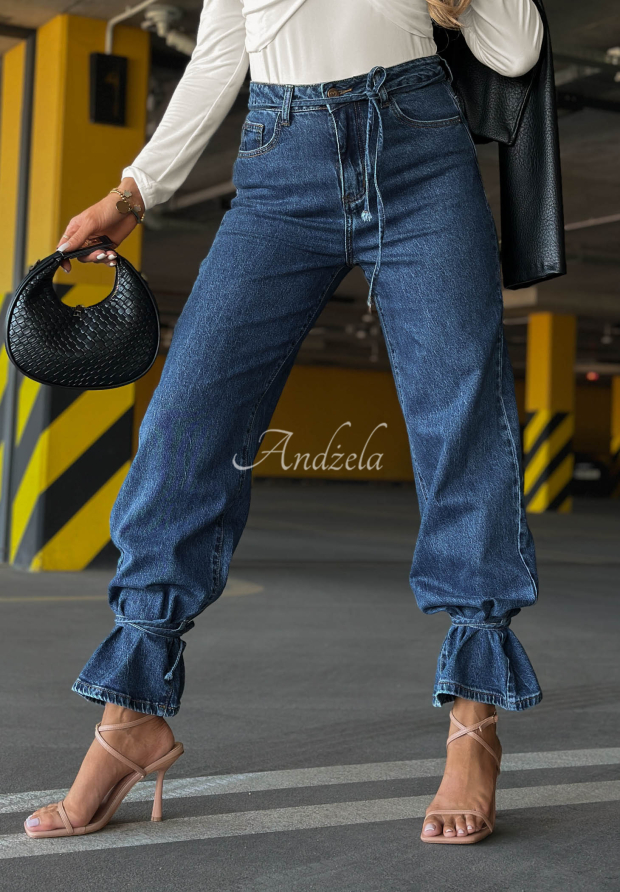 Dž&iacute;nsy wide leg s viazan&iacute;m Hello Friday tmavomodr&eacute;