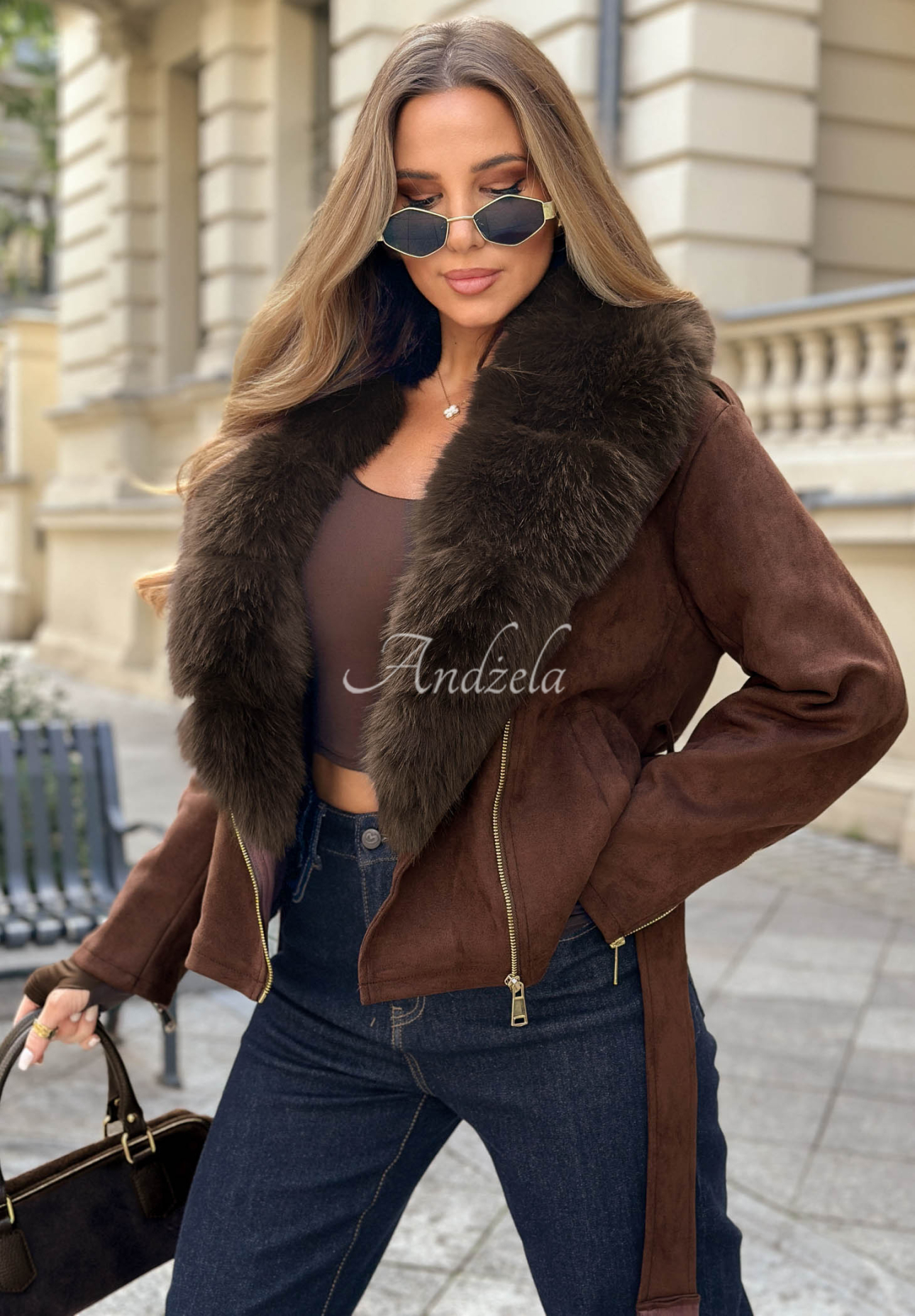 Krátka semišová bunda s kožušinou Cinnamon Mood čokoládová