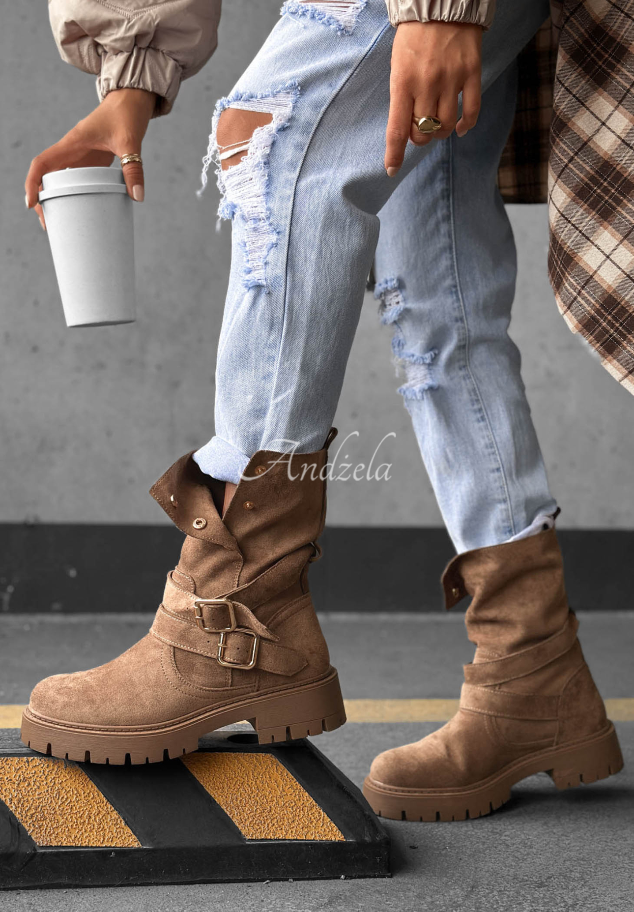 Semišové kotníkové topánky s remienkami Rainy Steps Mokka