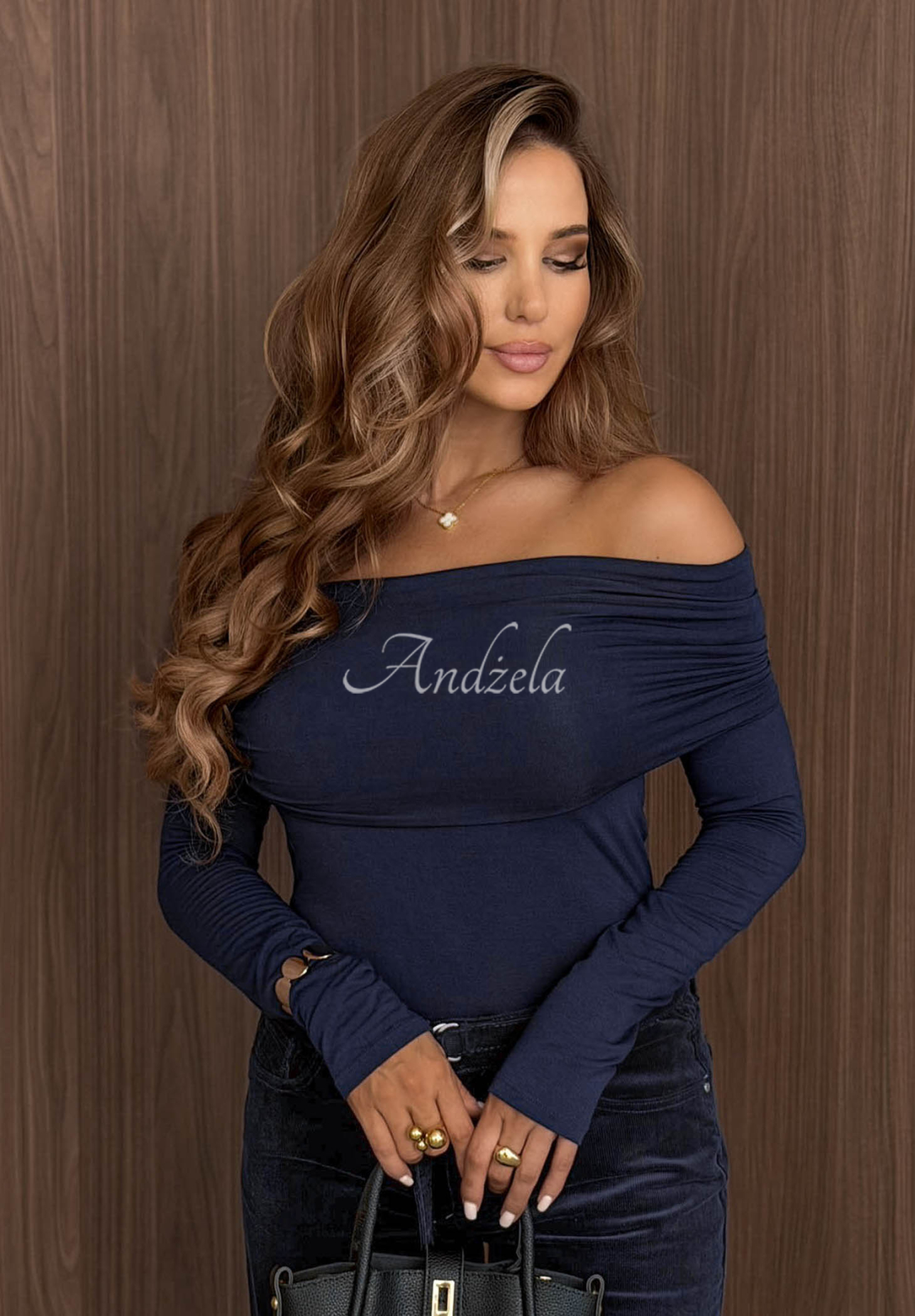 Bavlnená blúzka longsleeve s odhalenými ramenami Rain Romance tmavomodrá