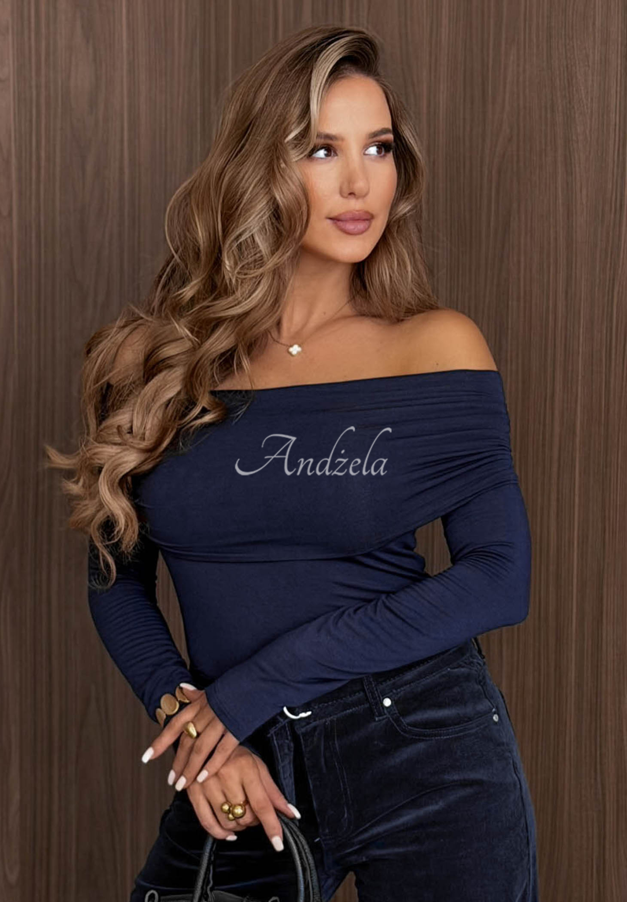 Bavlnená blúzka longsleeve s odhalenými ramenami Rain Romance tmavomodrá