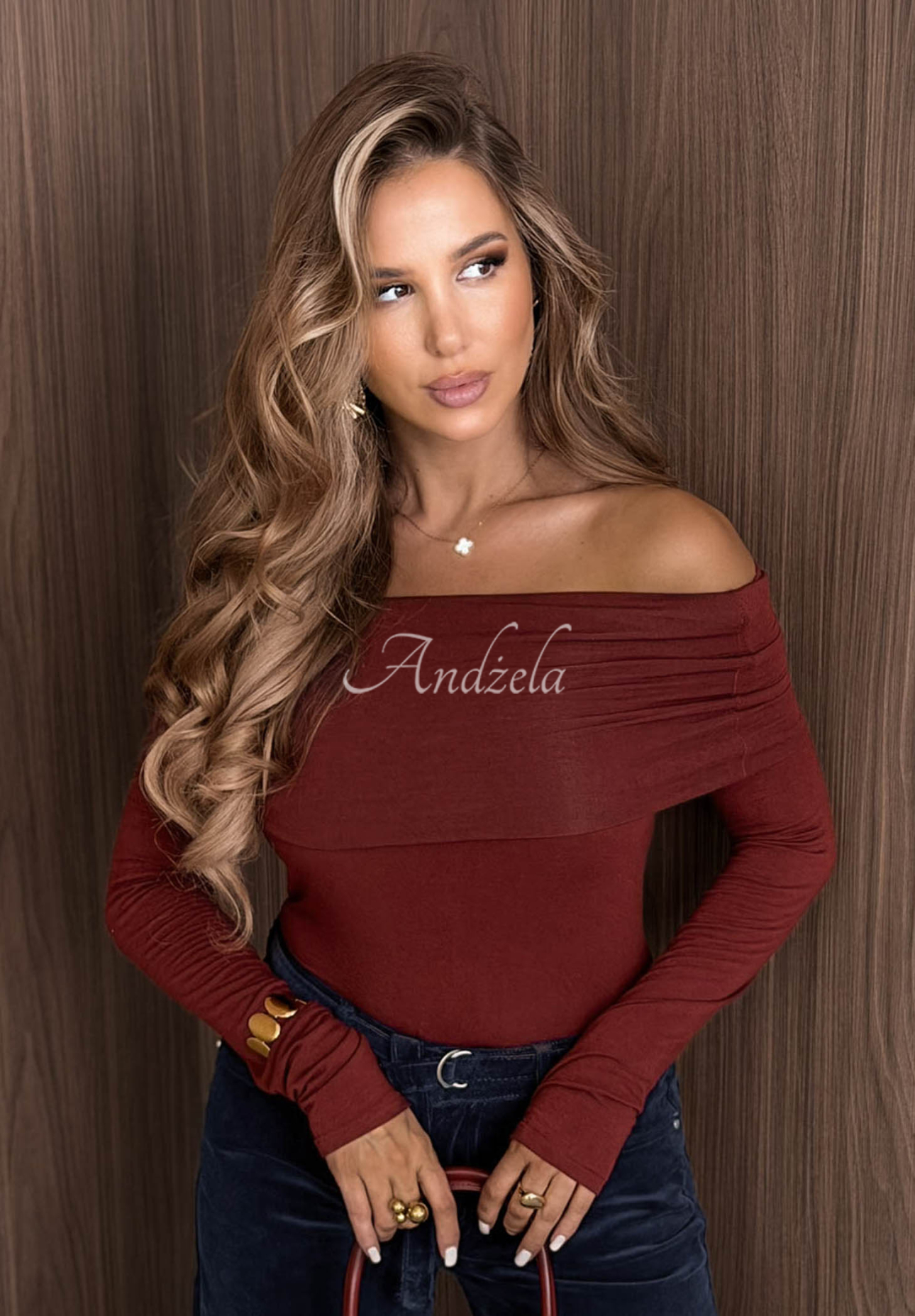 Bavlnená blúzka longsleeve s odhalenými ramenami Rain Romance bordová