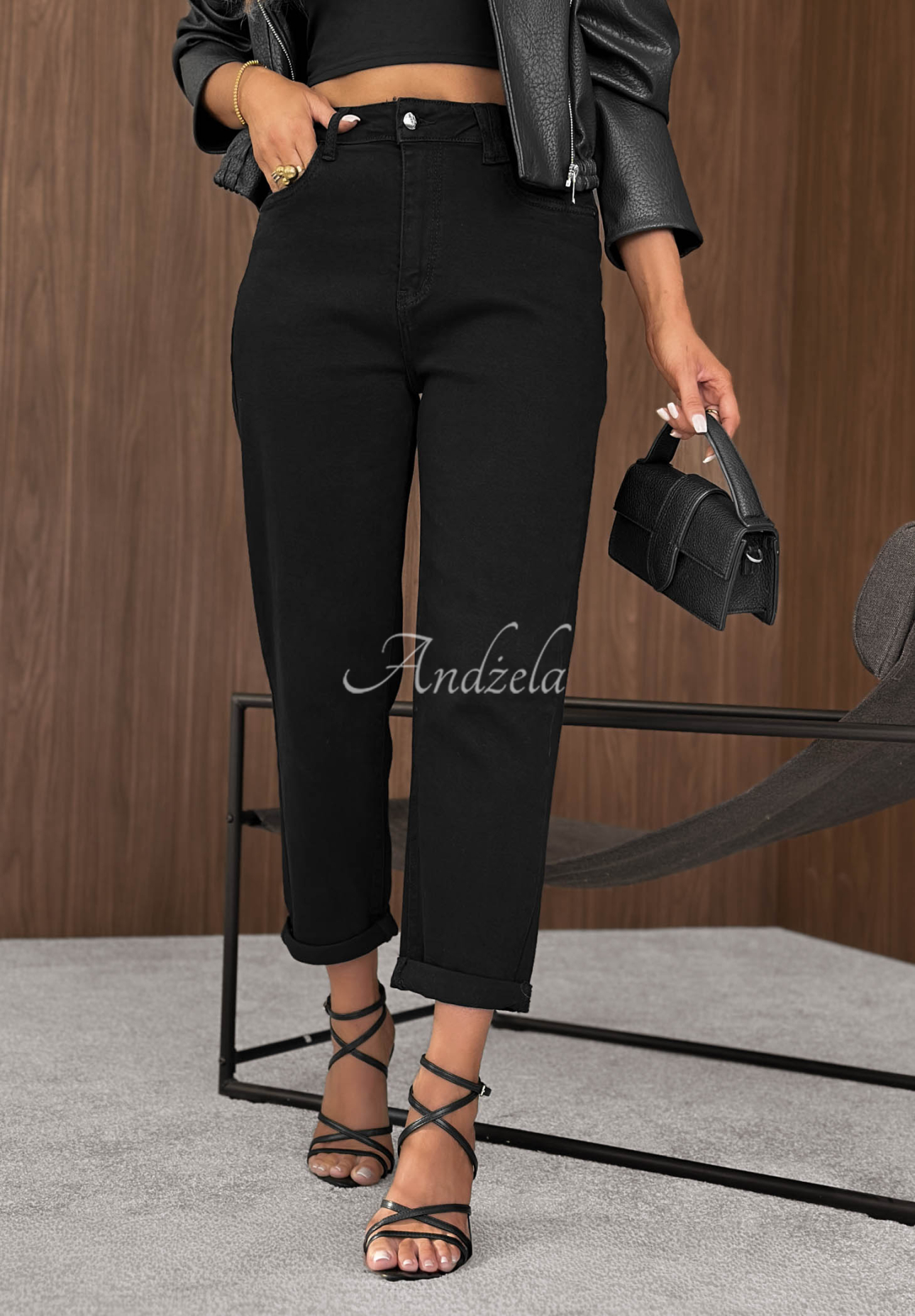 Džínsy mom fit s opaskom Soft Fog čierne
