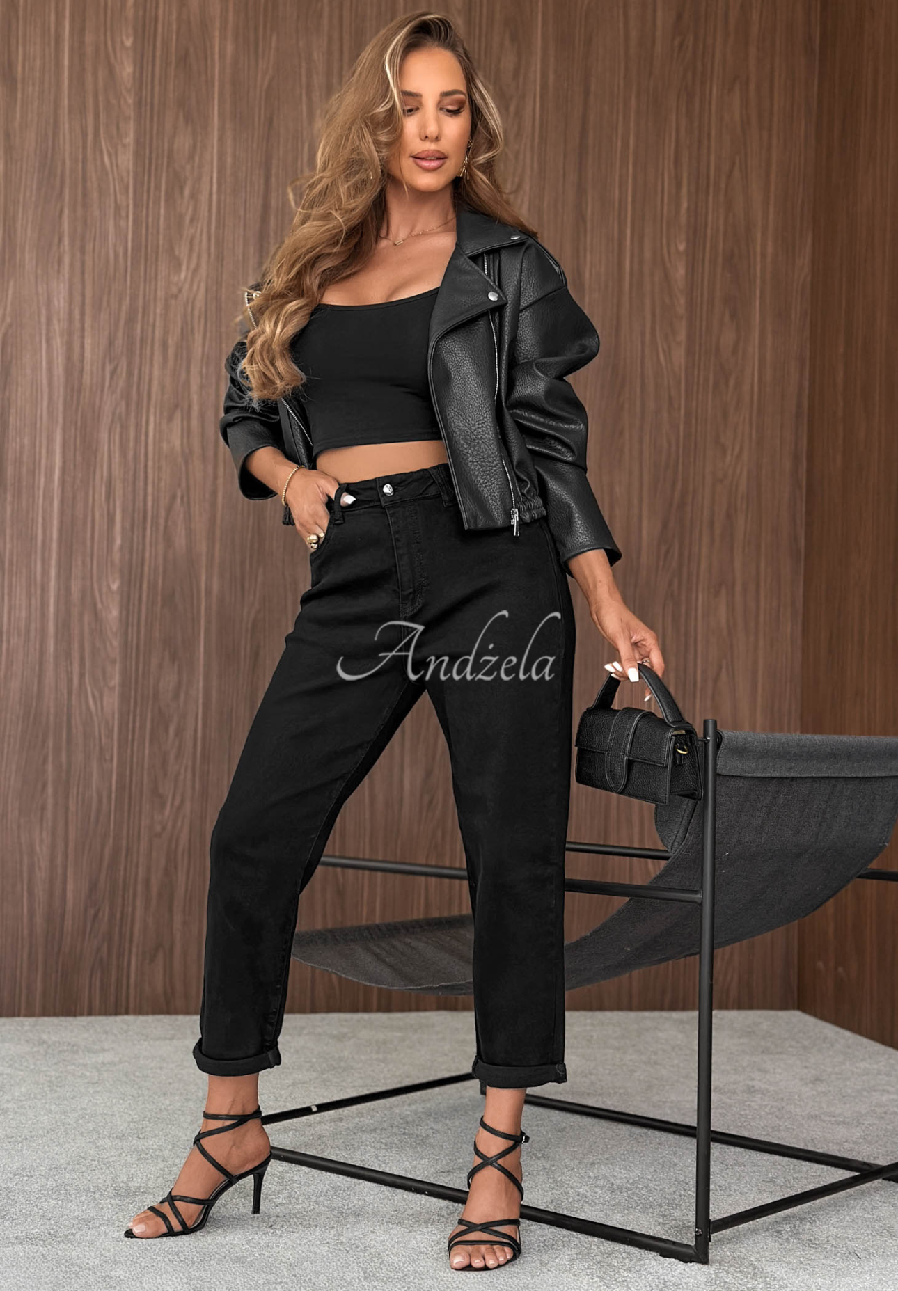 Džínsy mom fit s opaskom Soft Fog čierne