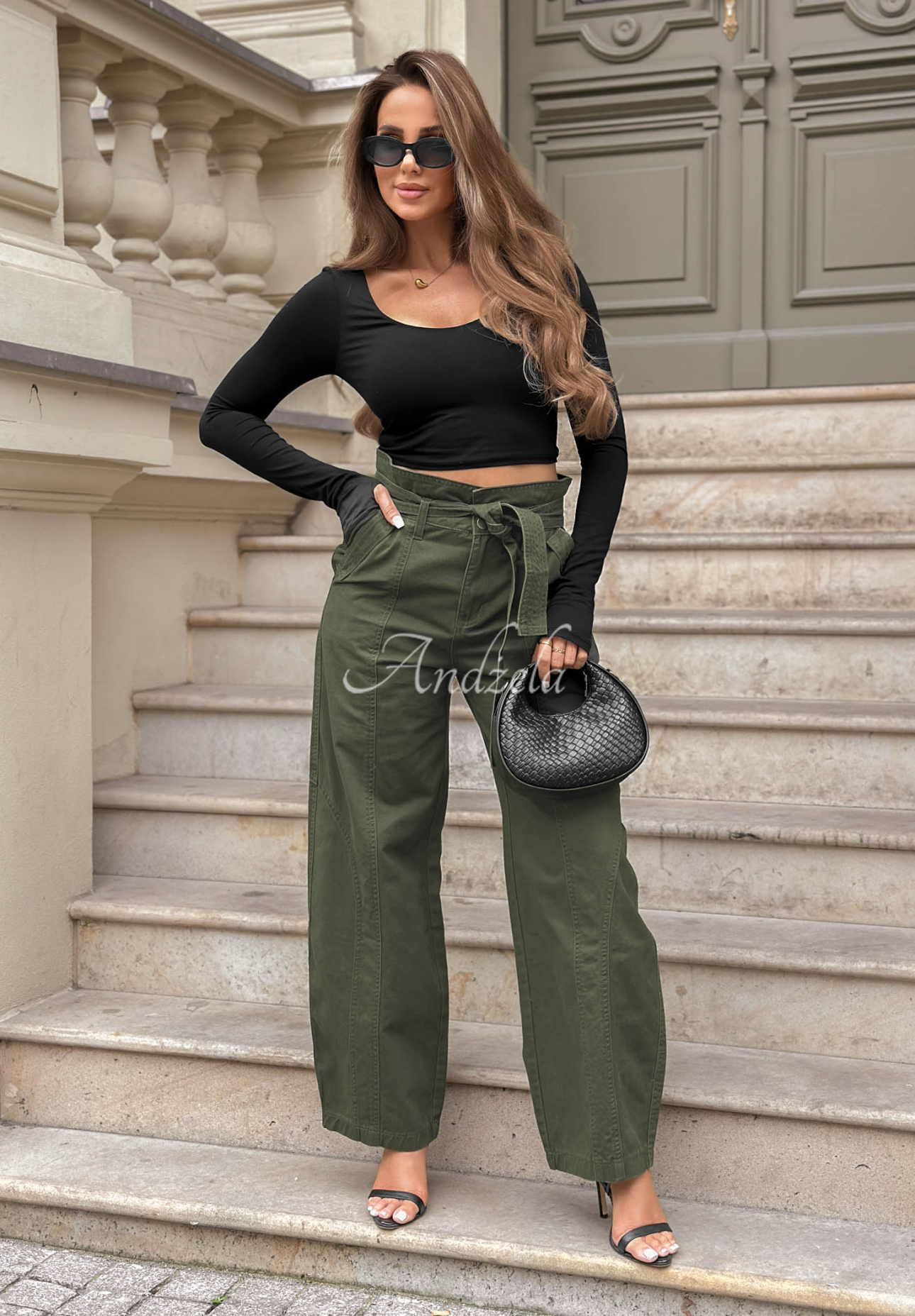 Džínsy balloon s prešívaním Honey Light khaki