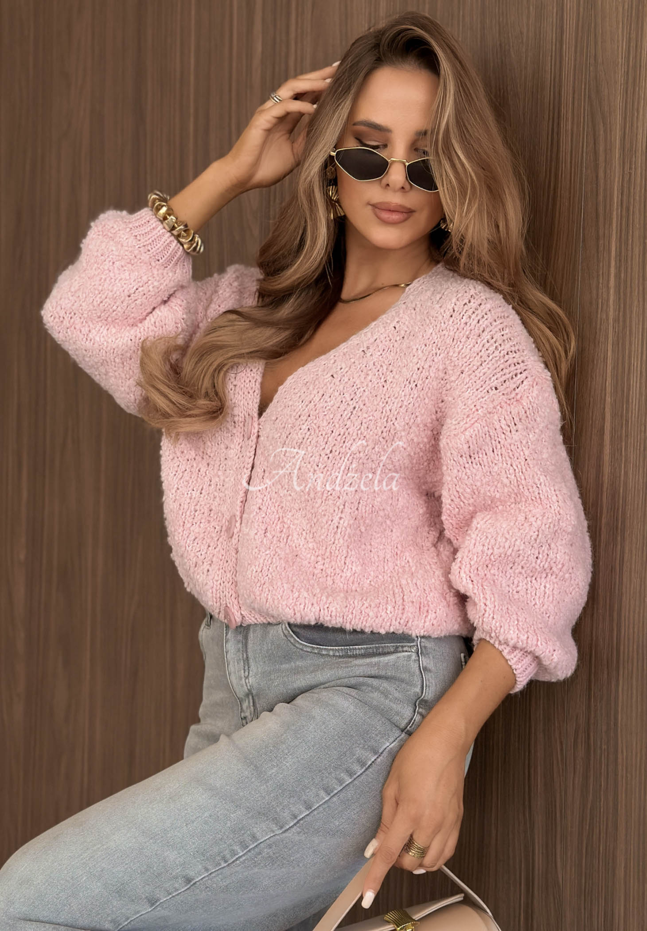 Kardigan oversize s vlnou a alpakou Velvet Morning ružový