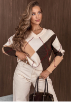 Krótki Sveter z dekoltem w romby Classy Autumn ecru
