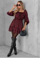 Šaty mini z falbankami w panterkę Soft Autumn bordová
