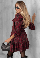 Šaty mini z falbankami w panterkę Soft Autumn bordová