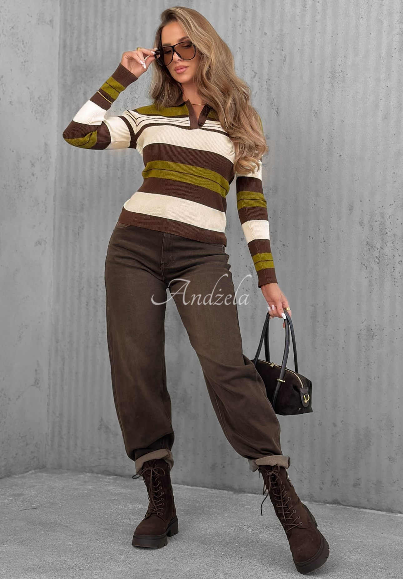 Rebrovaná blúzka longsleeve s golierom s pruhmi Cozy Moments khaki