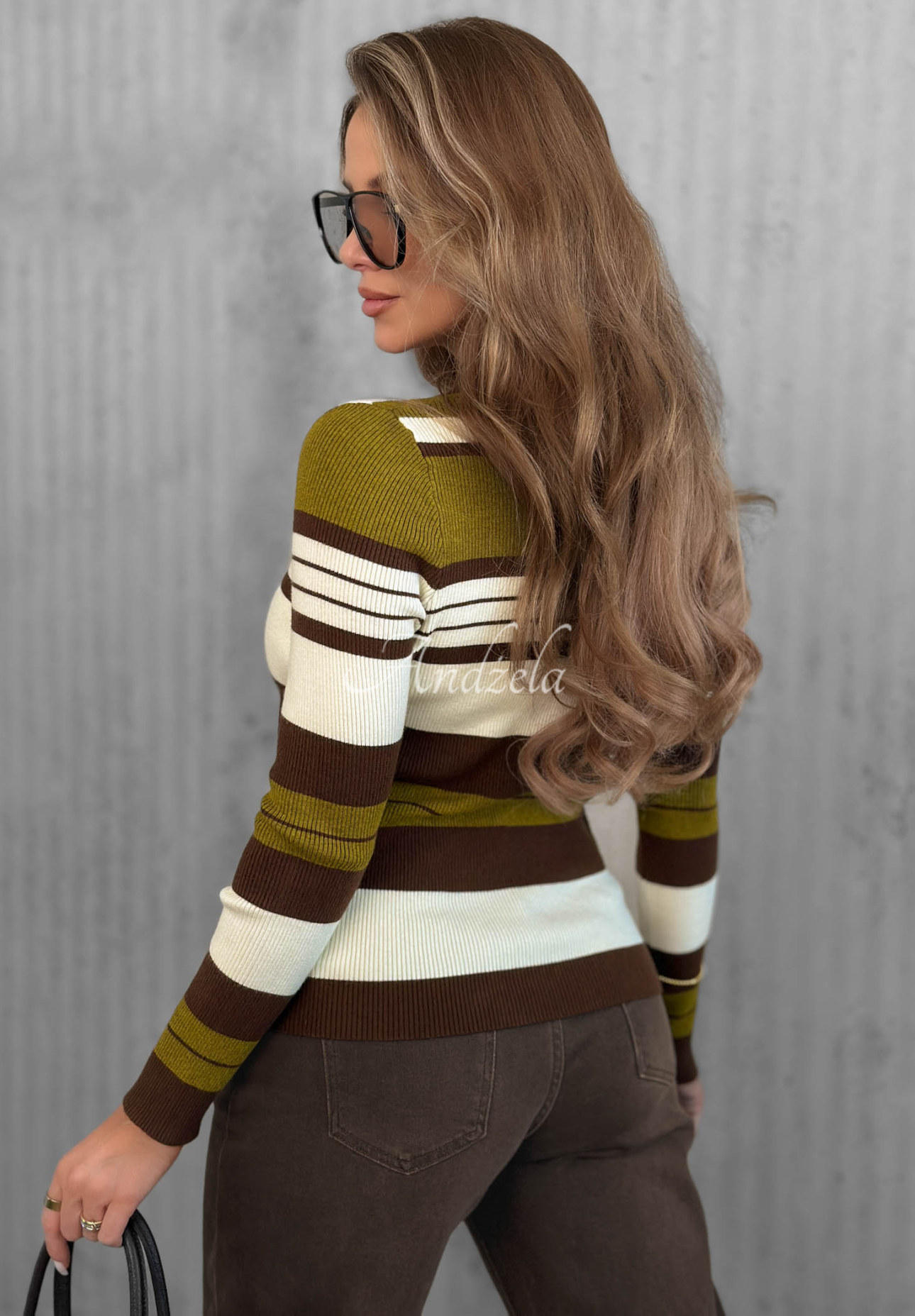 Rebrovaná blúzka longsleeve s golierom s pruhmi Cozy Moments khaki