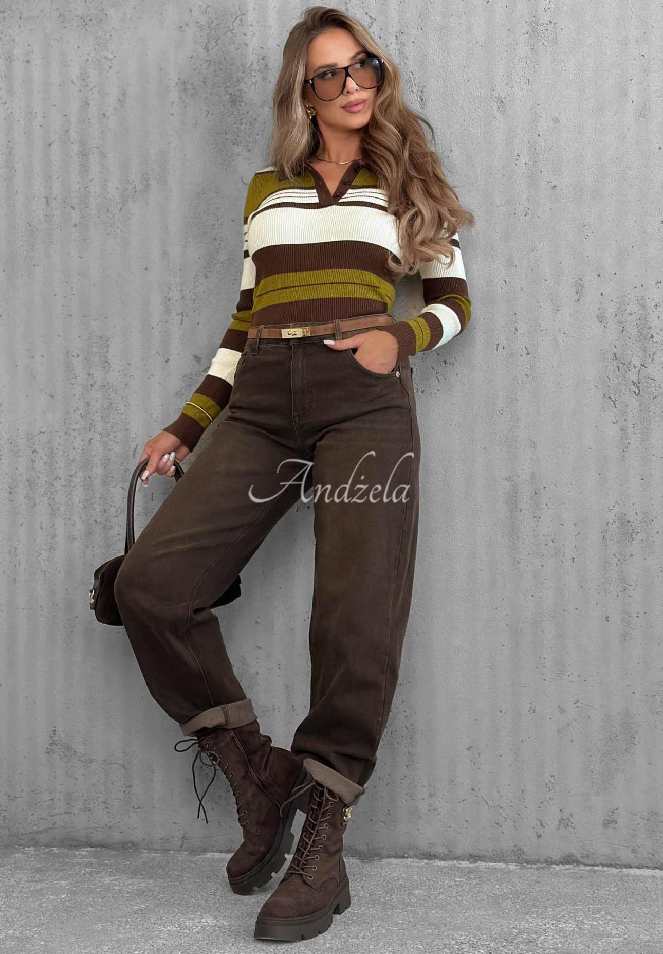 Rebrovaná blúzka longsleeve s golierom s pruhmi Cozy Moments khaki