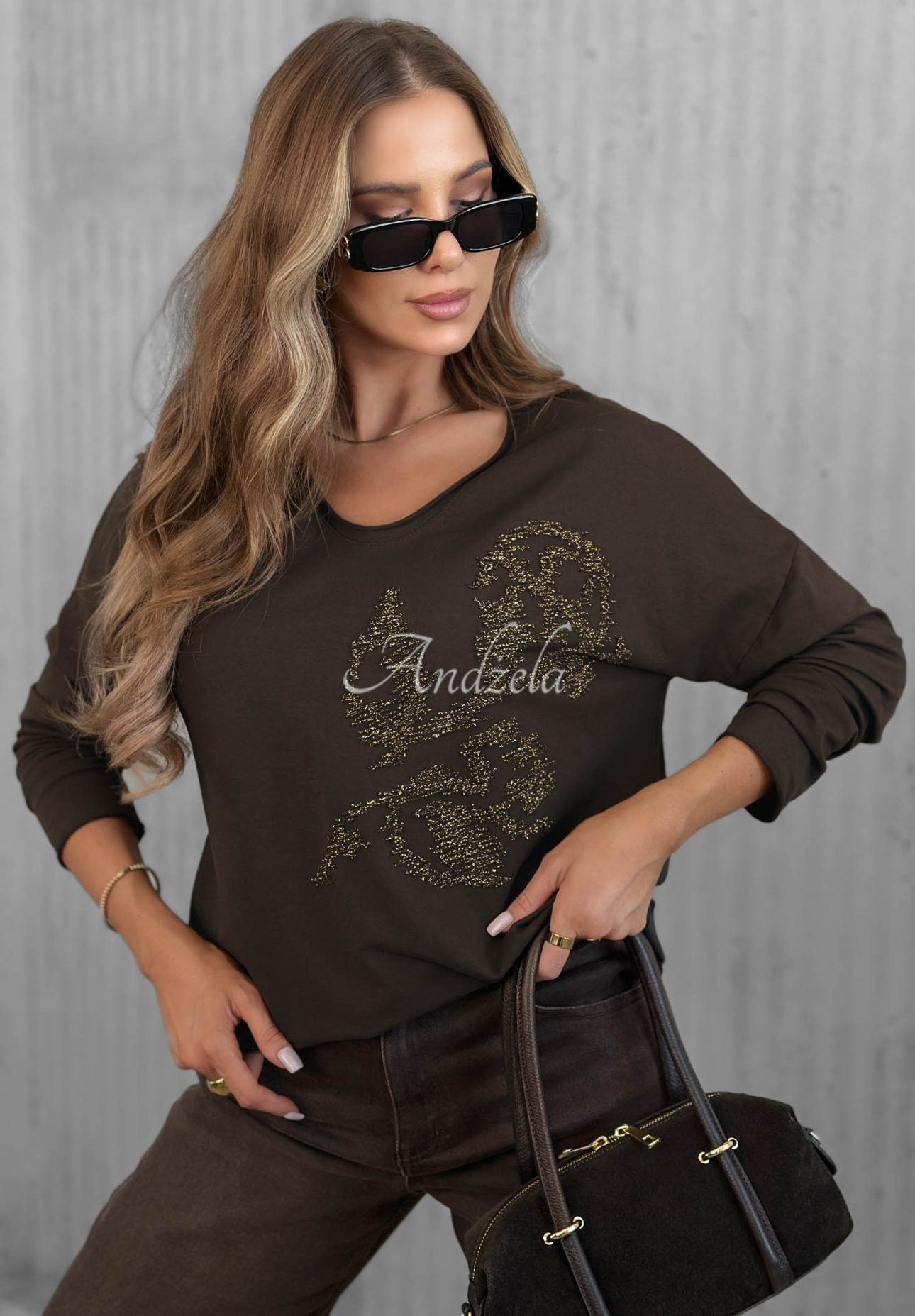Bavlnená blúzka longsleeve s aplikáciou Golden Rossa čokoládová
