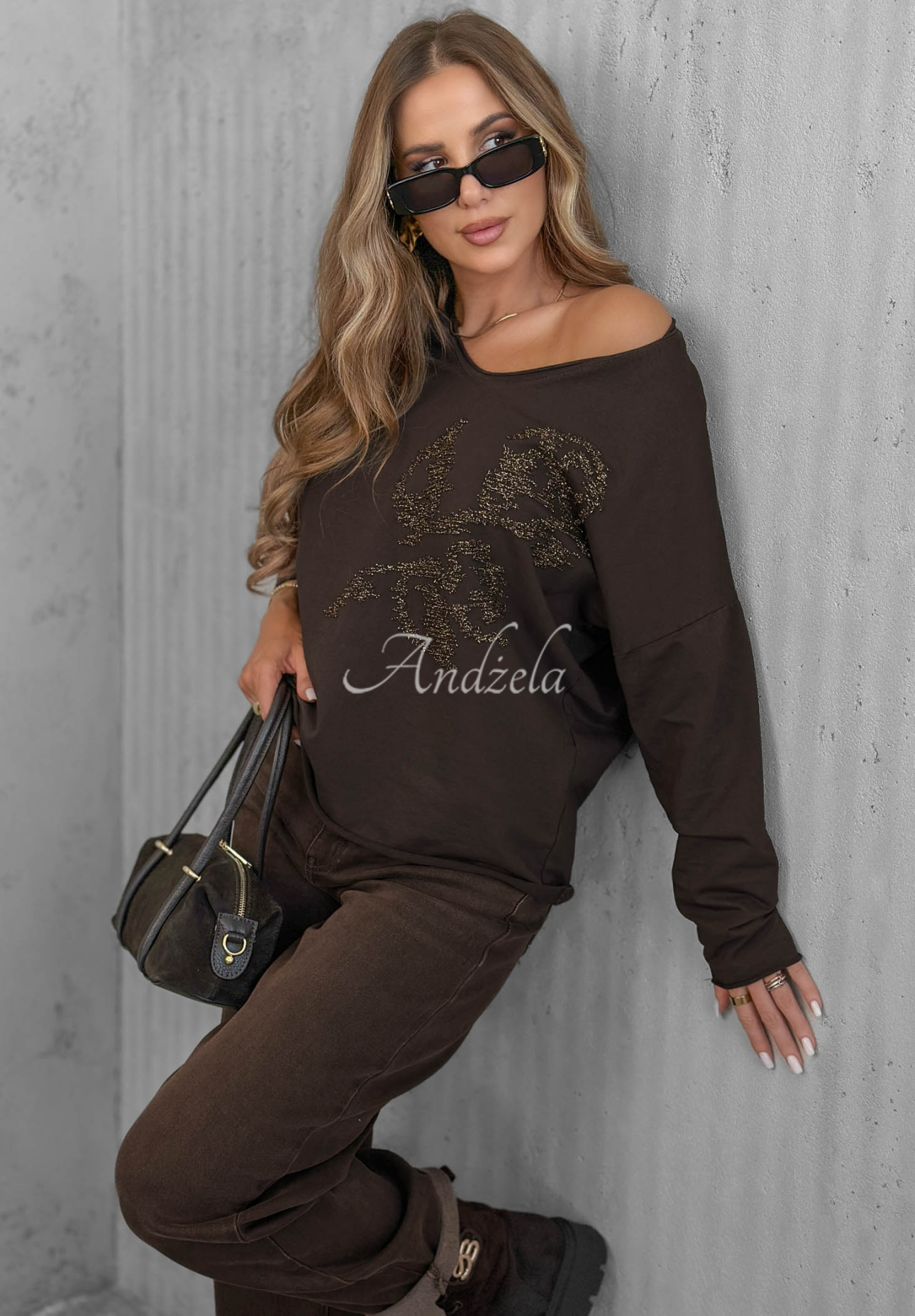 Bavlnená blúzka longsleeve s aplikáciou Golden Rossa čokoládová