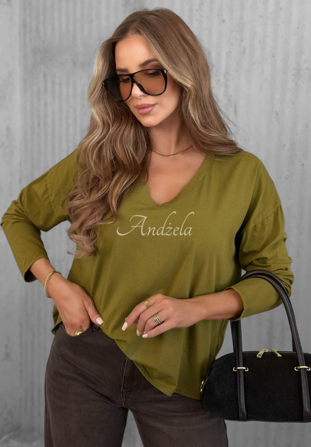 Bavlnen&aacute; bl&uacute;zka longsleeve s v&yacute;strihom do V Daily Style olivov&aacute;
