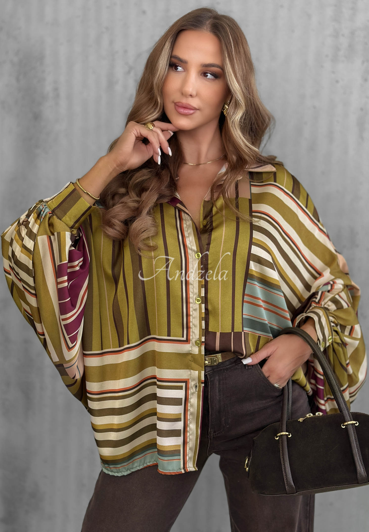 Saténová košeľa oversize s pruhmi Soft Luxury olivová