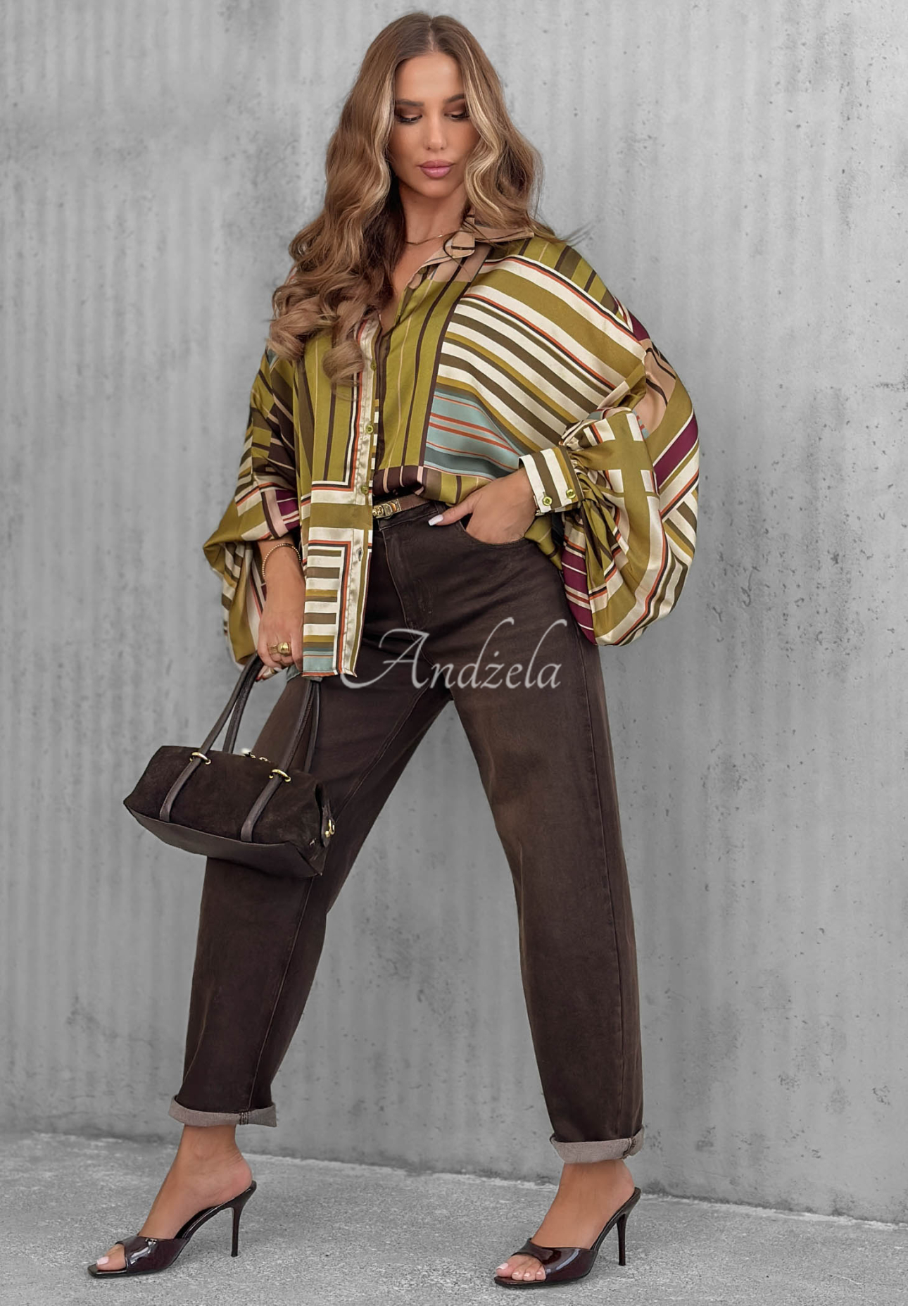 Saténová košeľa oversize s pruhmi Soft Luxury olivová