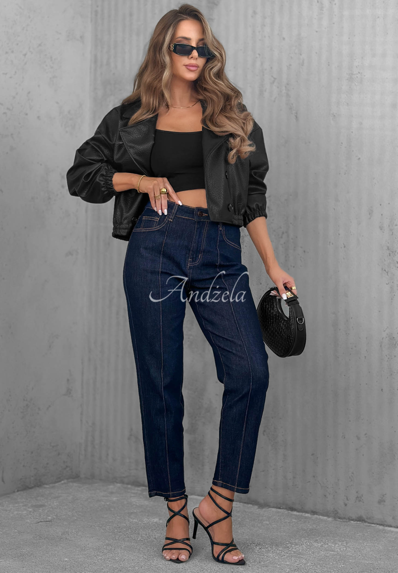 Džínsy mom fit s prešívaním Busy Today tmavomodré