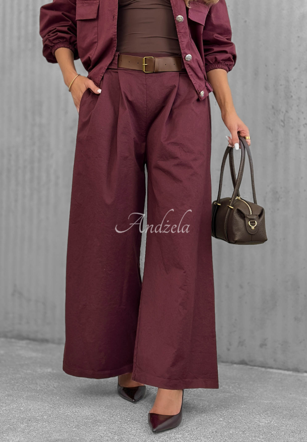 Bavlnen&eacute; nohavice wide leg s opaskom Iconic Style čučoriedkov&eacute;