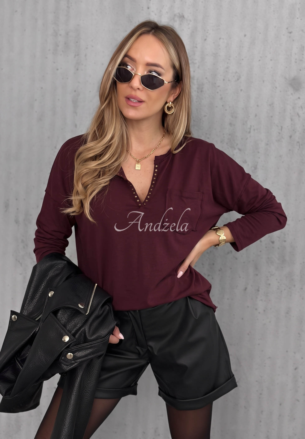 Bavlnená blúzka longsleeve s výstrihom Basic Charm čučoriedková