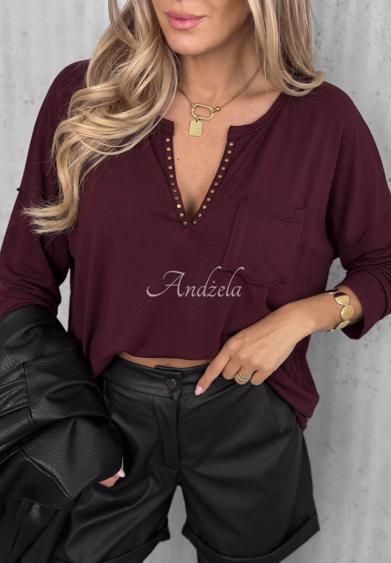 Bavlnená blúzka longsleeve s výstrihom Basic Charm čučoriedková