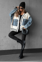 Ozdobnie pleciony Sveter kardigan z jeansowymi elementami Morning Streets ecru