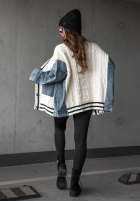 Ozdobnie pleciony Sveter kardigan z jeansowymi elementami Morning Streets ecru