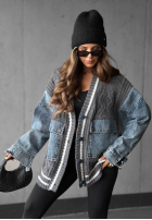 Ozdobnie pleciony Sveter kardigan z jeansowymi elementami Morning Streets ecru
