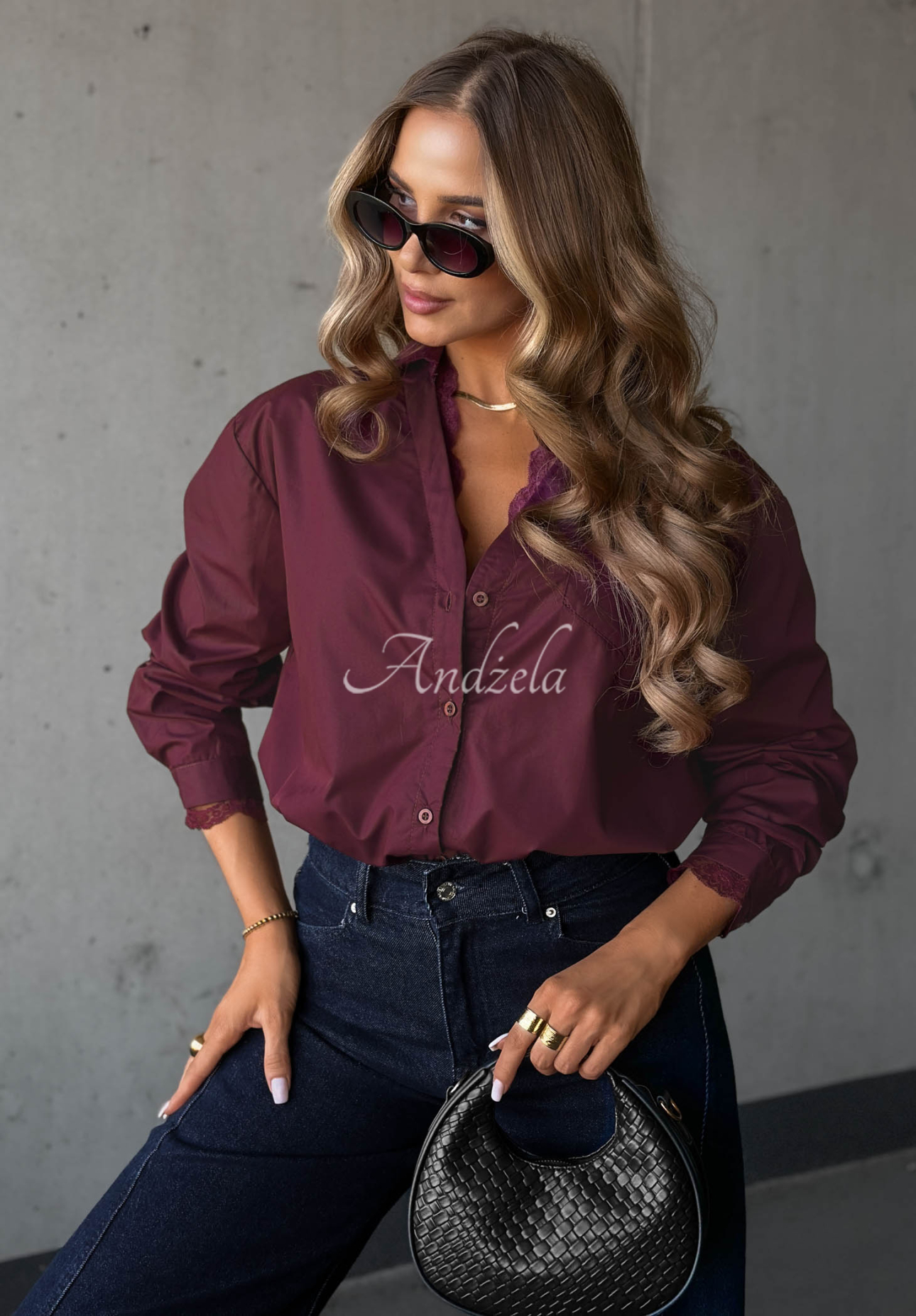 Bavlnená košeľa oversize s čipkou Silver Mist čučoriedková