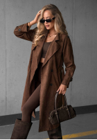 Dlhý zamszowy Kabát trencz paskiem Autumn Honey ťavý