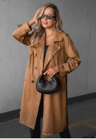 Dlhý zamszowy Kabát trencz paskiem Autumn Honey ťavý