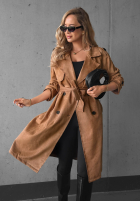 Dlhý zamszowy Kabát trencz paskiem Autumn Honey ťavý
