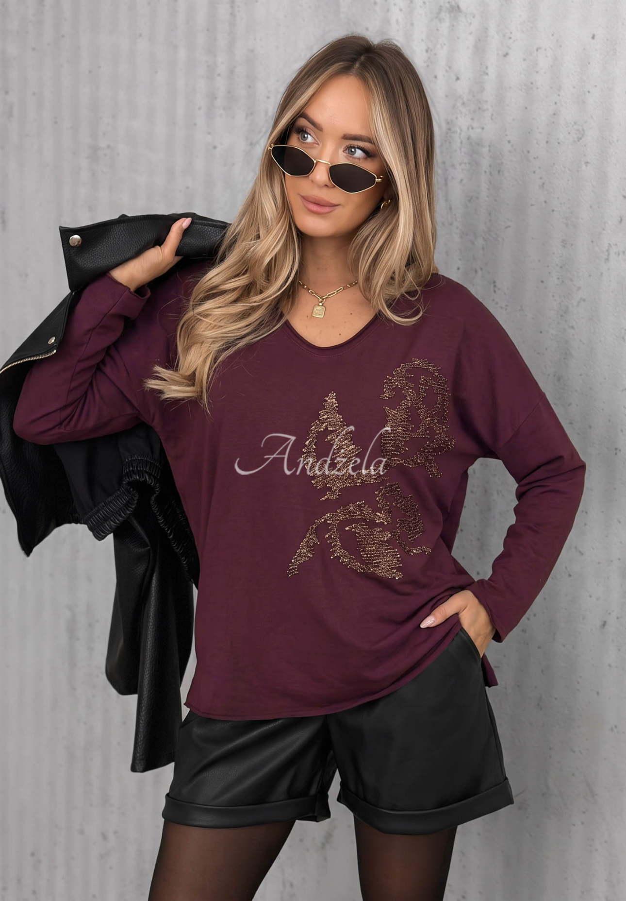 Bavlnená blúzka longsleeve s aplikáciou Golden Rossa čučoriedková