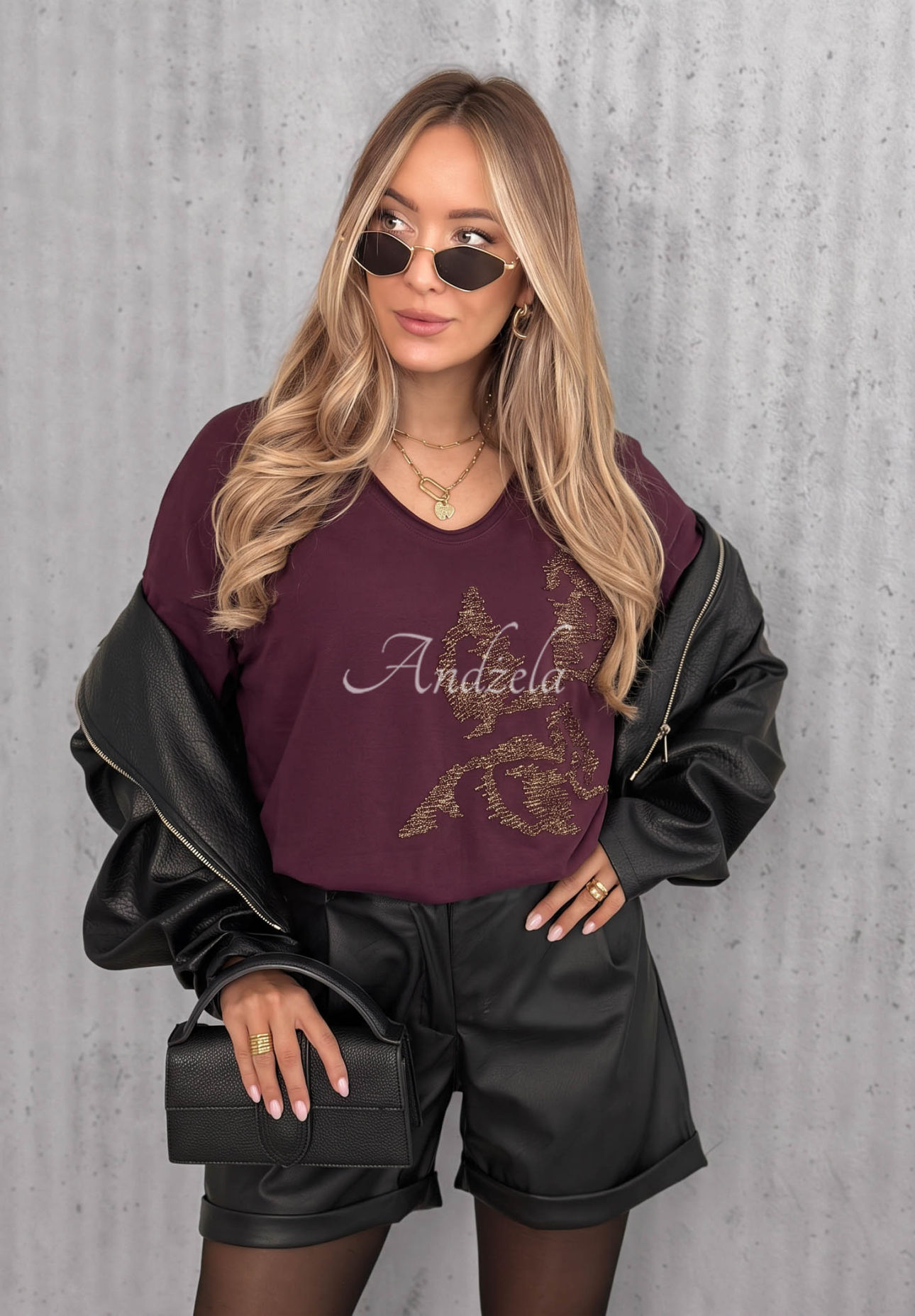 Bavlnená blúzka longsleeve s aplikáciou Golden Rossa čučoriedková
