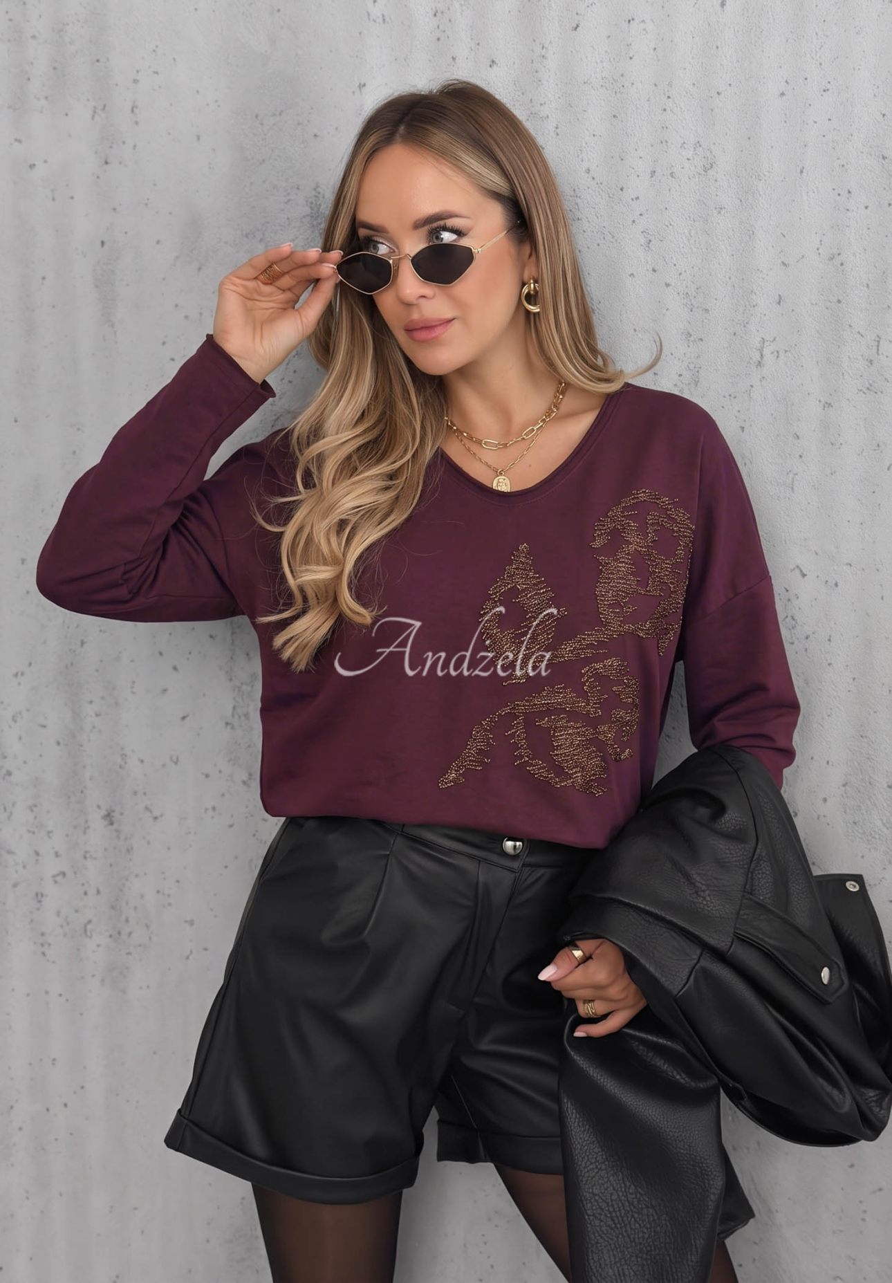 Bavlnená blúzka longsleeve s aplikáciou Golden Rossa čučoriedková
