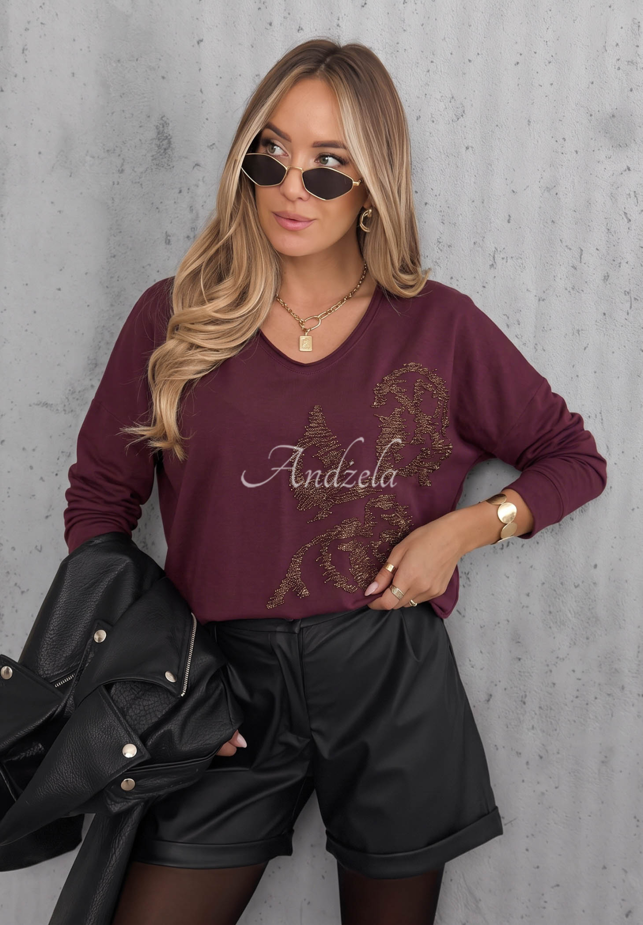 Bavlnená blúzka longsleeve s aplikáciou Golden Rossa čučoriedková